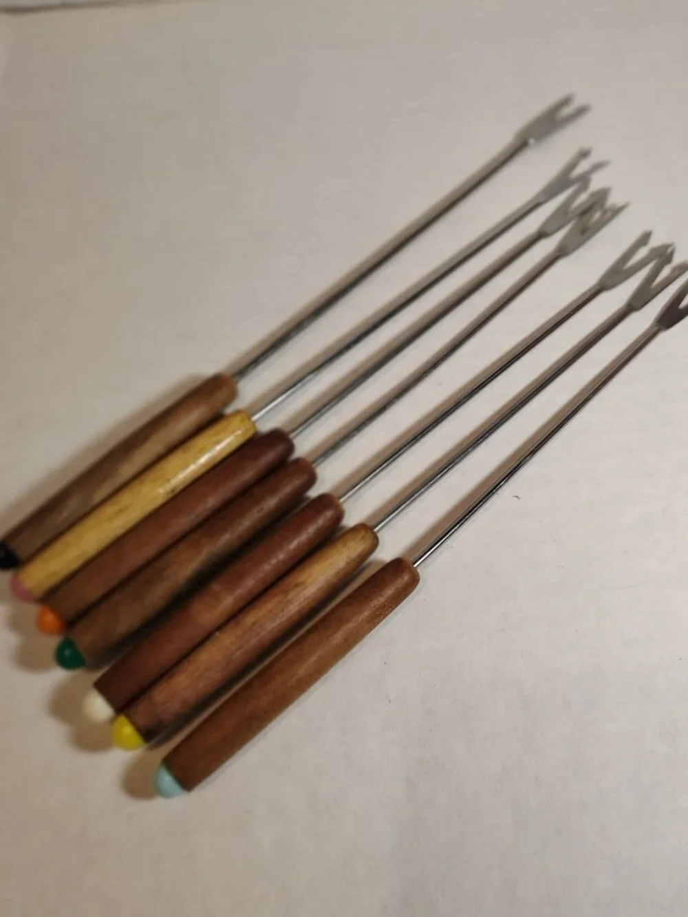 Vintage Fondue Forks Set Of 7 Wood Handles Stainless Steel Color Tips